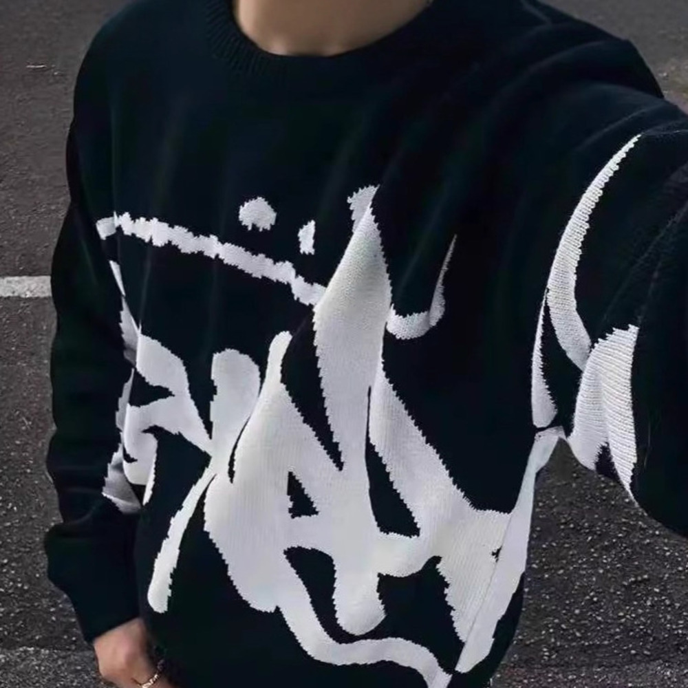 Autumn Winter American-Style Round-Neck Sweater With Front Back Letter Logos, Comfortable Stylish, Korean Version, Cool Knitwear For Men And Women