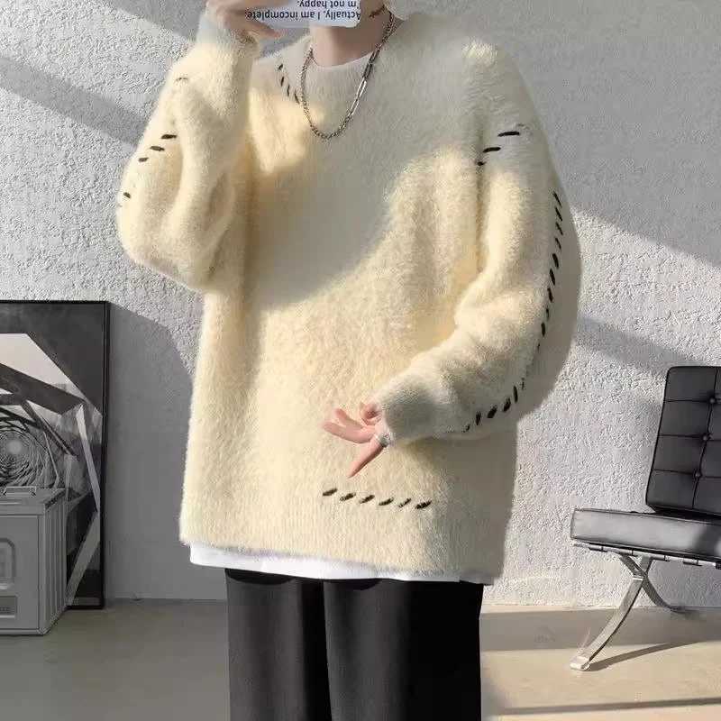 Sweaters Autumn Contrast Stitch Oversized For Men 2026 Y2K High Strt Fashion Jumpers Man Casual Solid Color Knitted Pullovers M261016
