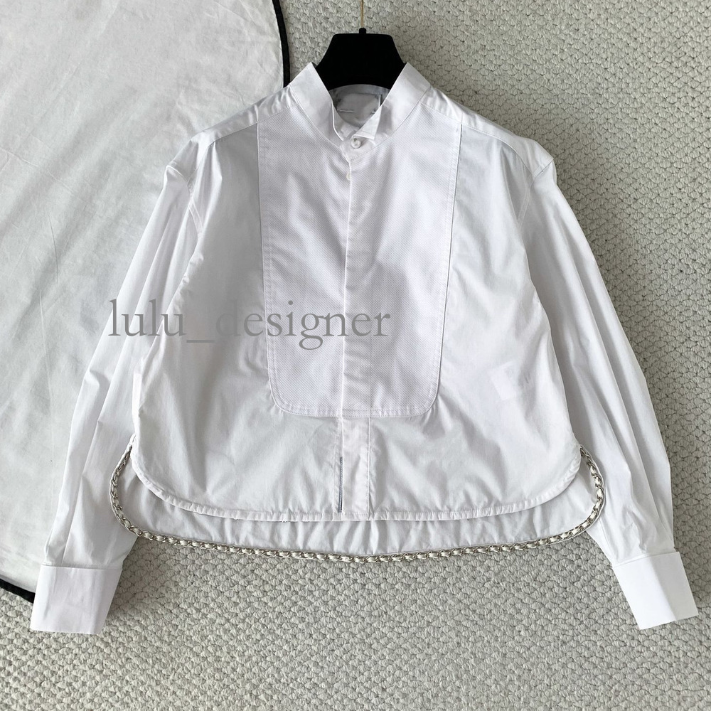 Luxury blouses designer for women 2026 New White Stand-Collar Long-Sleeve Shirt For Women Featuring Metal Chain Design At The Hem Short Loose Fit Ef