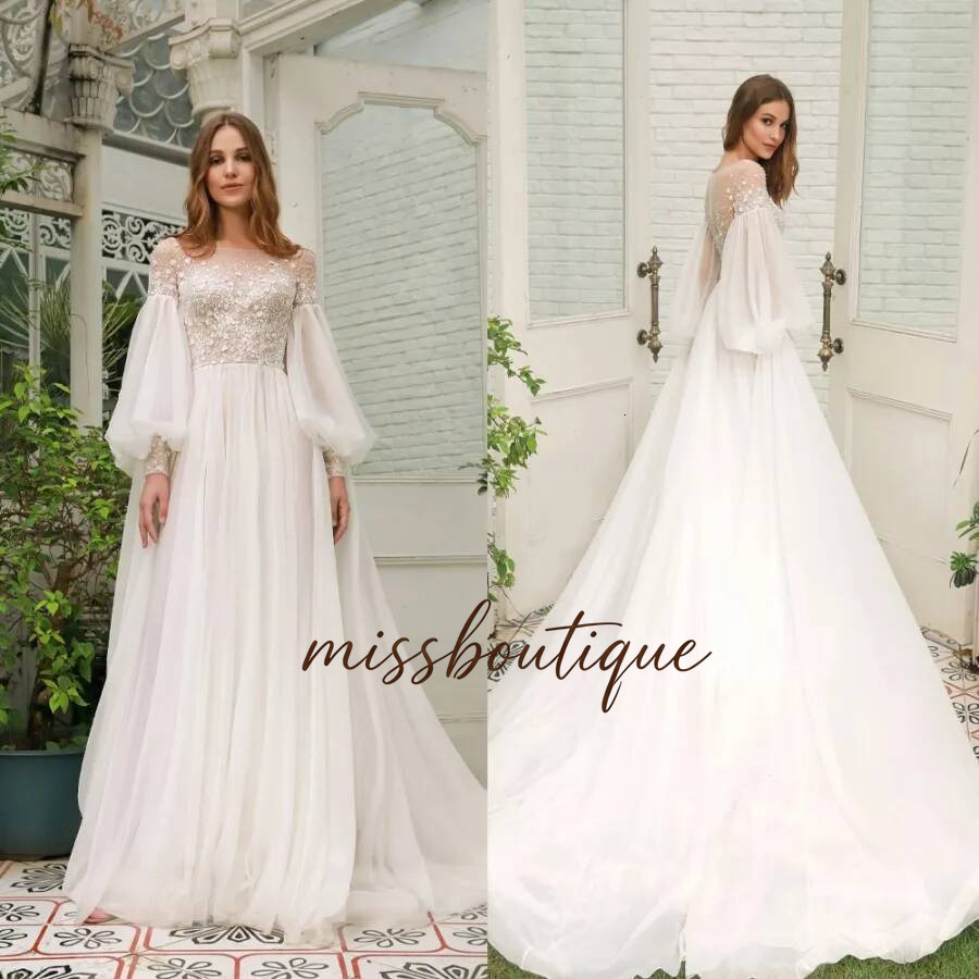 Elegant A Line Wedding Dresses Long Sleeves Lace Appliques Beaded Bridal Gowns Chapel Train Dress For Women Bride Customized Q017