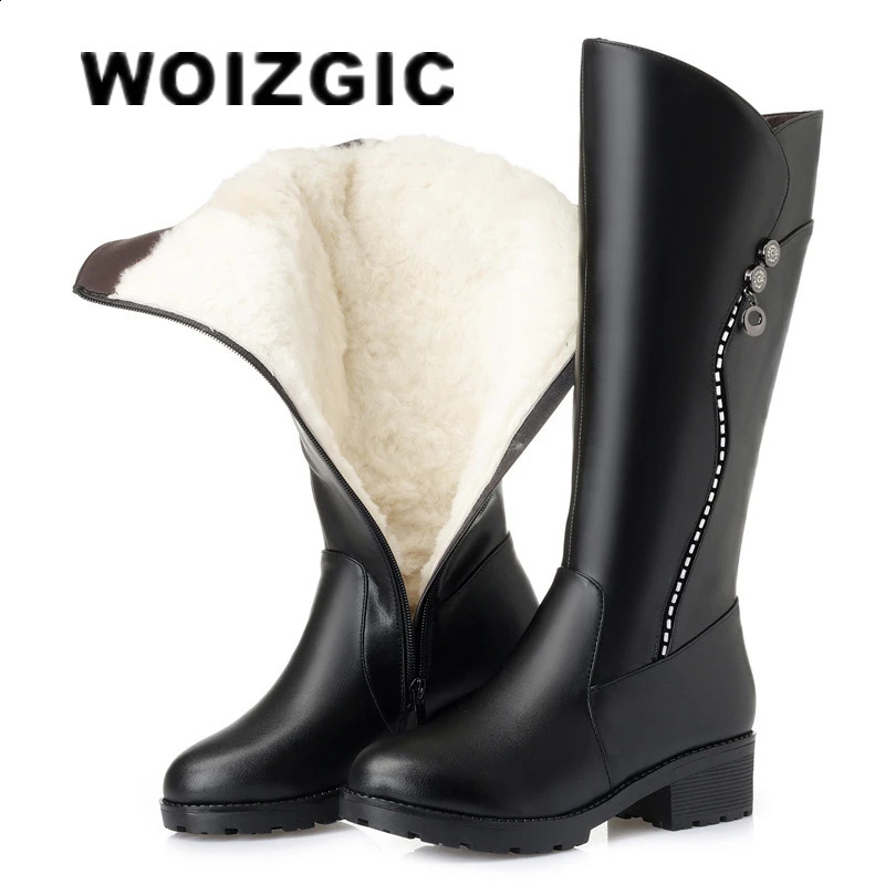 WOIZGIC Women's Genuine Leather Female Ladies Boots Platform Snow Wool Plush Fur Warm Winter Mid Heel Zipper Plus Size 42 43 260917