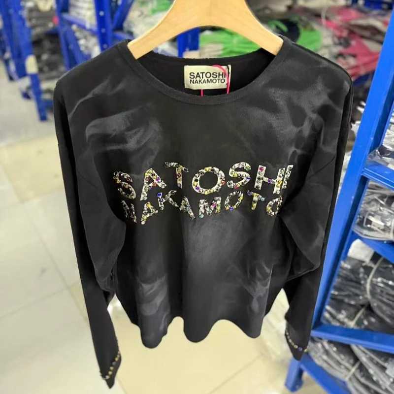 Vintage Washed Tie Dye SATOSHI Top Rhinestone Letter Oversized Long Sleeve Street T Shirt T261019