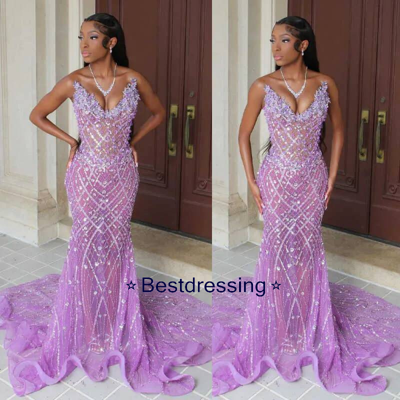 Luxury V Neck Sequined Mermaid Evening Dresses Elegant Sleeveless Crystal Illusion Prom Dress Party Gown Customized Bd019