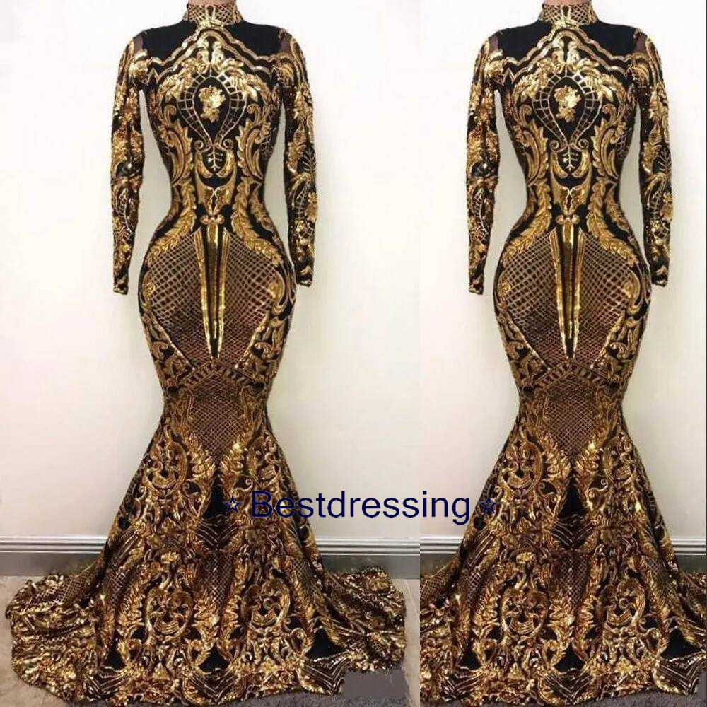 2021 Bling Luxury Long Sleeves Prom Dresses Mermaid High Neck Holidays Graduation Wear Black Gold Sequins Evening Party Gowns Custom Made Bd019