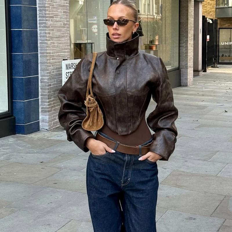Leather Vintage Slim Fit Short Jacket Women's Sexy Stand Collar Long Sleeve Coat Streetwear Fashion Outfit For Female