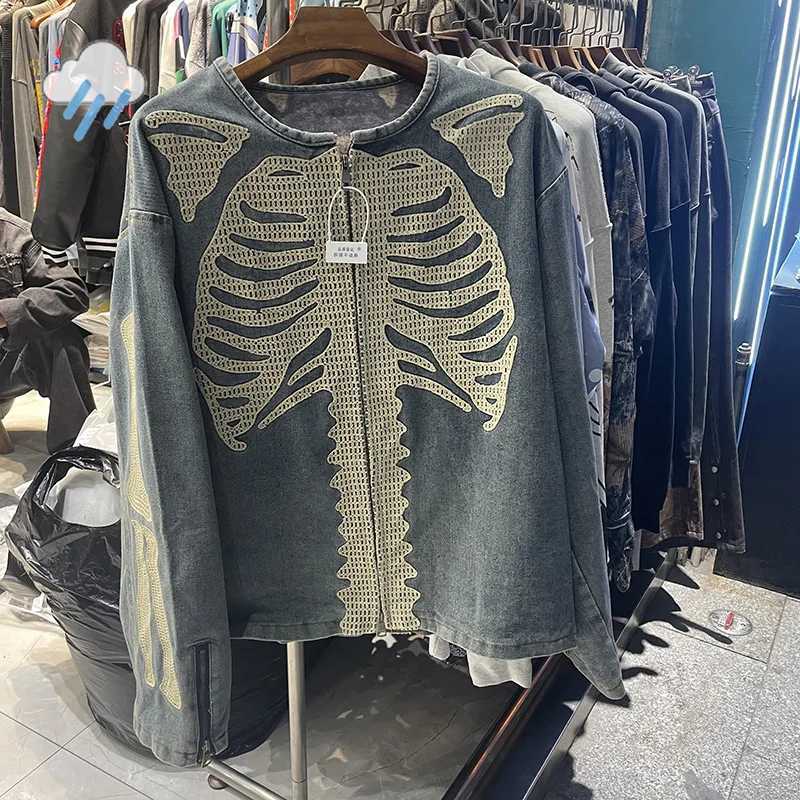 24FW High Quality Vintage Blue Denim Jacket Men Women Streetwear Skeleton Bone Embroidery KAPITAL Zipper Coats T261019