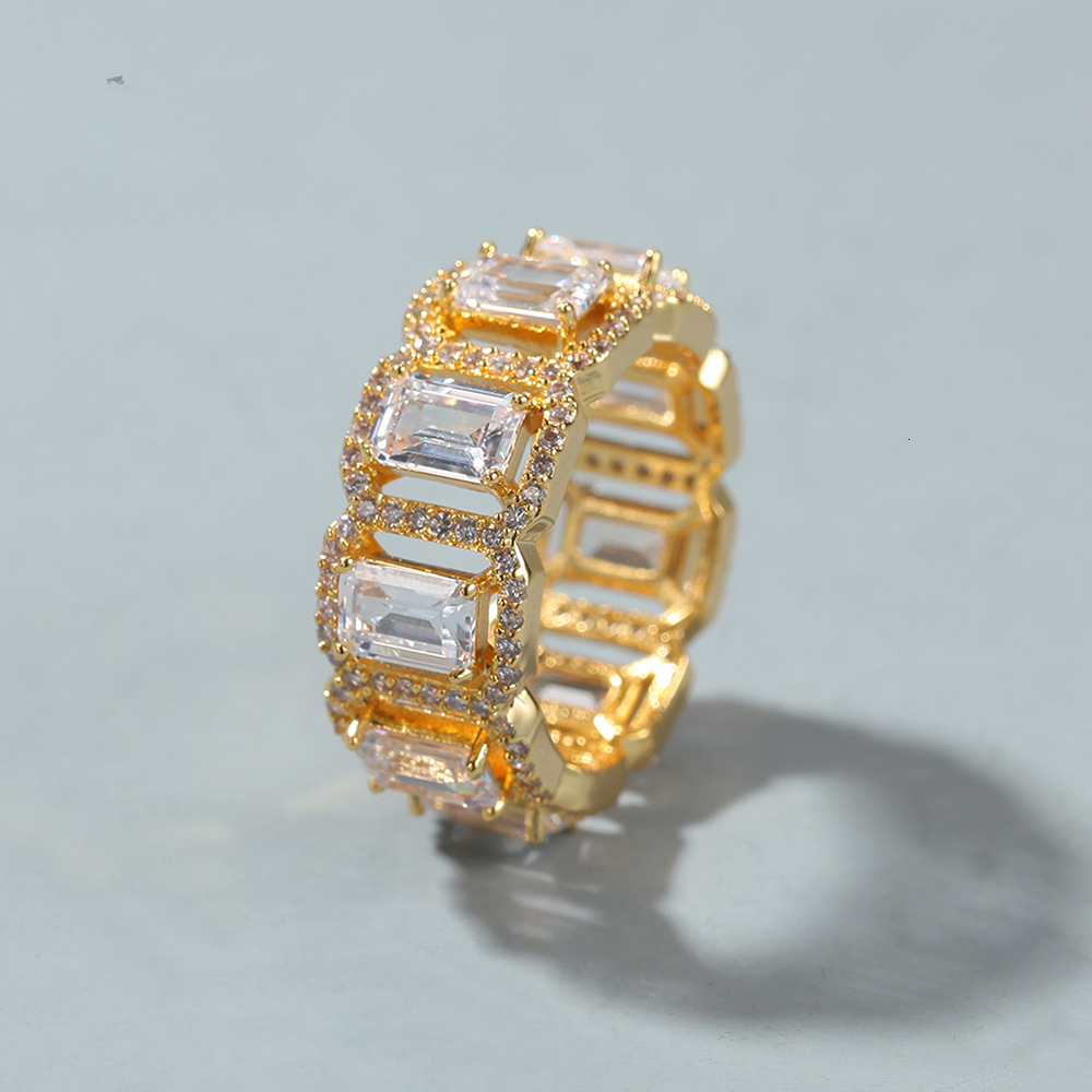 Trendy Hip-Hop INS Style Luxury Iced Internet Celebrity Out D VVS Diamond Personality Hollow Rectangular moissanite Index Finger Tail Ring Jewelry L