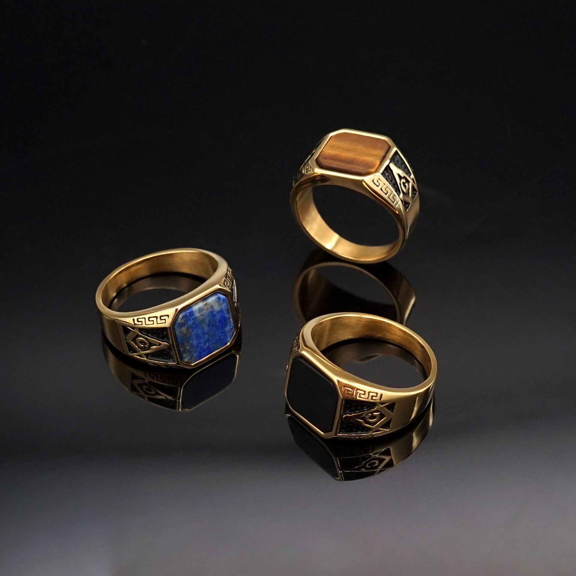 New European and American style classic vintage ring, titanium steel, frosted raw lapis lazuli, Masonic AG men's ring