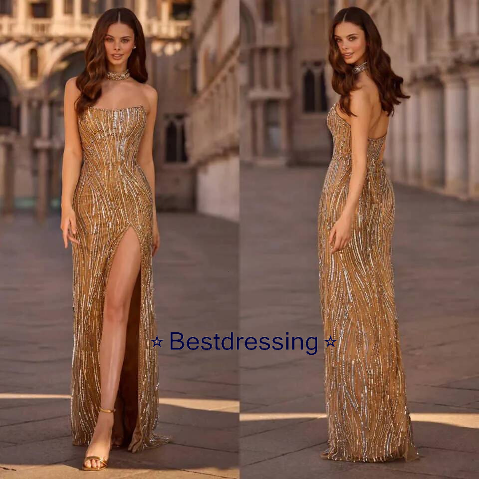 Gorgeous Strapless Sequins Prom Dresses Elegant Sleeveless Evening Dress High Side Slit Party Gown Customized Bd019