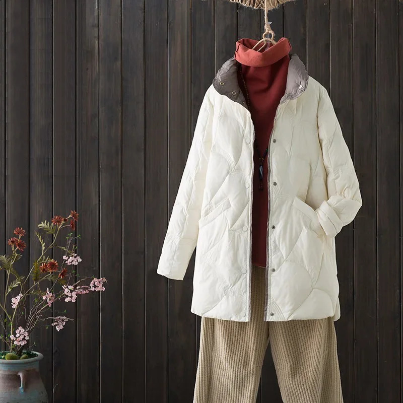 Winter White Keep Warm Medium Long Women Ultra Lightweight Stand Collar Down Jackets Arrivals female Office korean coat 261014