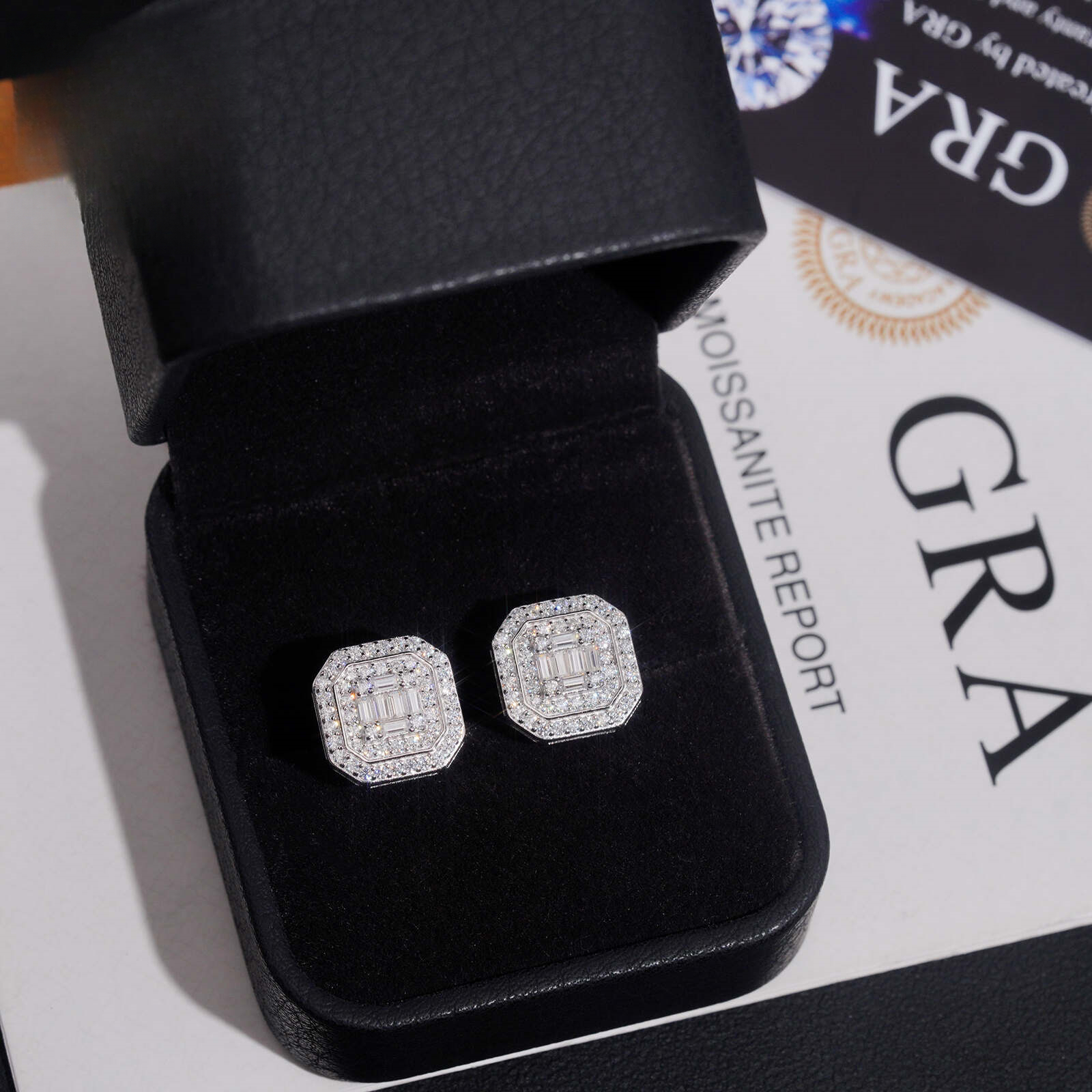 Hip Hop 925 silver moissanite 12MM square stud earrings, fully diamond-studded, GRA certified, factory wholesale