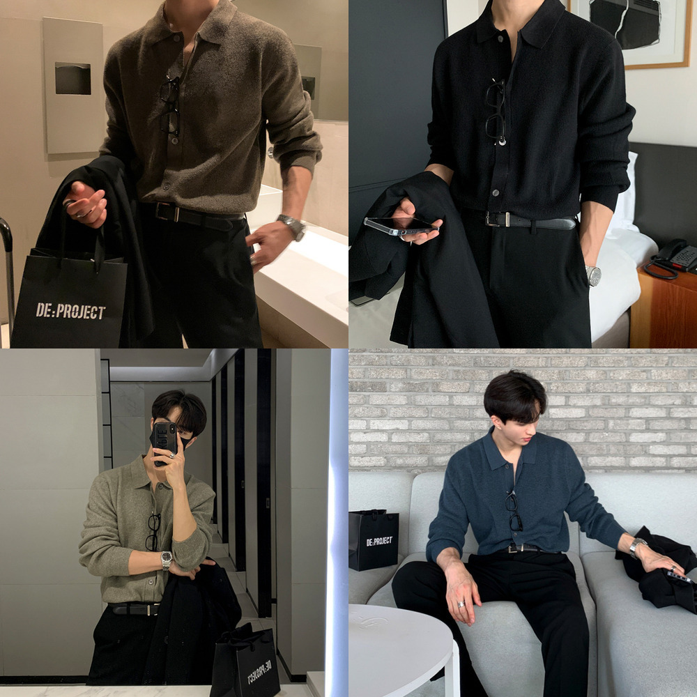 MYQ Cardigan Sweater Men's Spring and Autumn Korean Style Loose Trendy Mature Style Outerwear Long Sleeve Knitted Polo Shirt