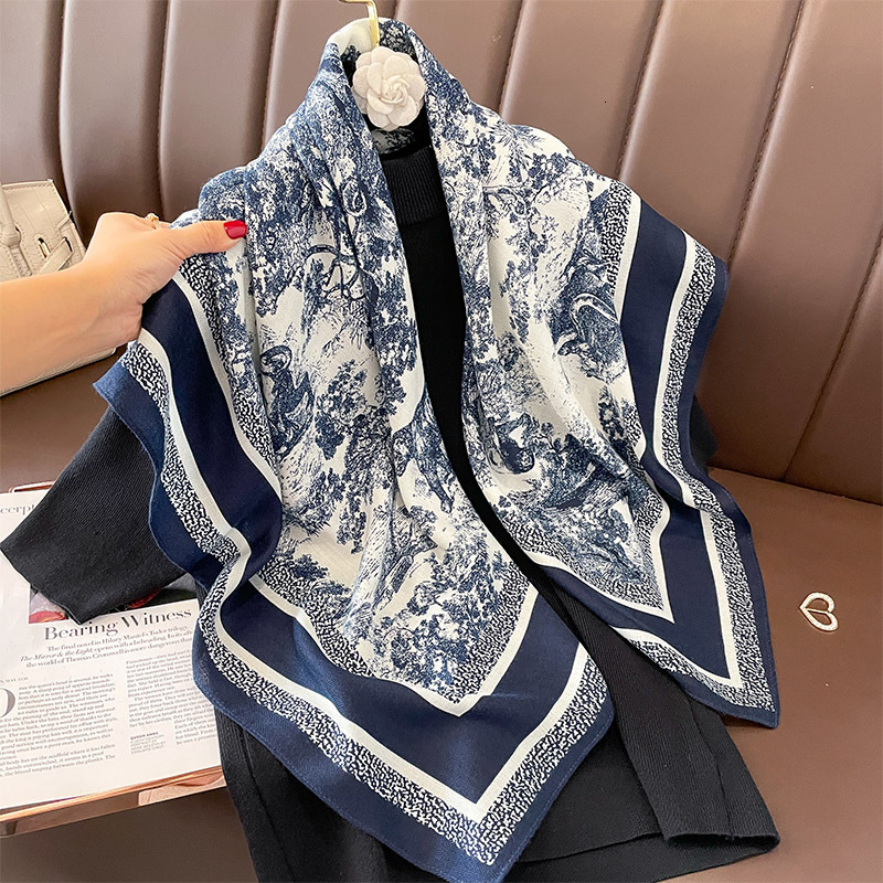 Korean Retro Printed Warmer Fashion Versatile 90 Square Imitation Sheep Wool Luxury goods Feel Neck Tie Silk designer Scarf for Women