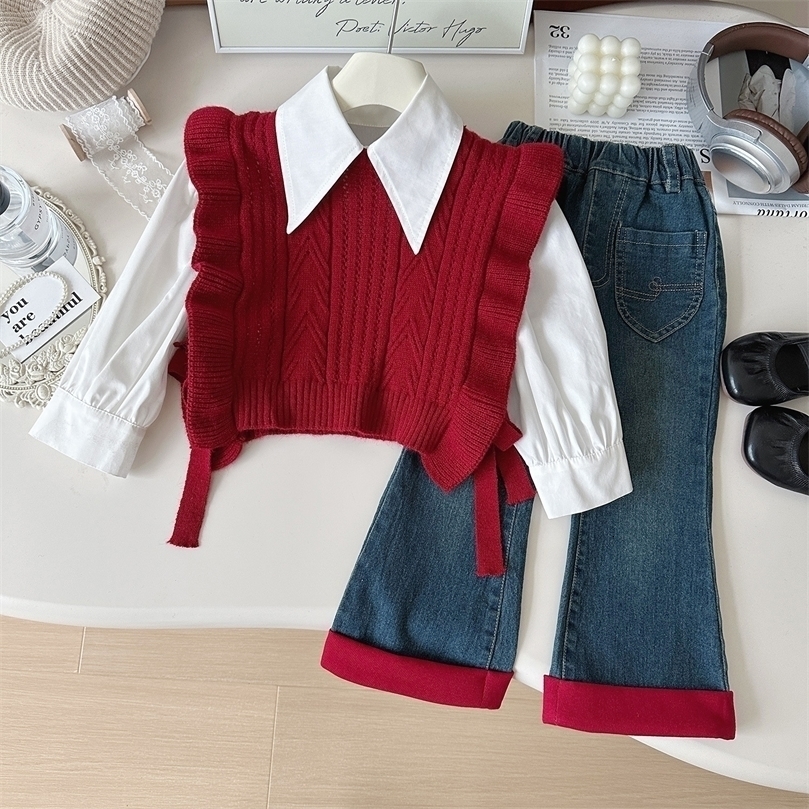 Autumn Korean Style Girls 3Pcs Outfit Knit Vest Long Sleeve Shirt Denim Jeans Set Toddler Baby Girl Elegant Clothing 261016