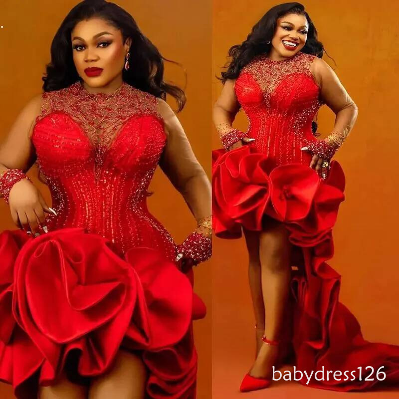 2026 Plus Size Red Cocktail For Women Mini Sheer Neck High Low Illusion Pleated Tassel Beaded Lace Birthday Dress Short Prom Dresses C513
