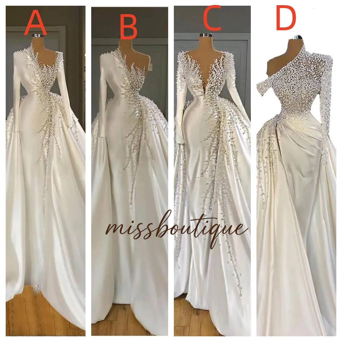 Cheap Dubai Arabic Luxury Pearls Crystal Mermaid Wedding Dresses Beaded Long Sleeves With Overskirt Detachable Train Satin V Neck Bridal Gowns Weddi