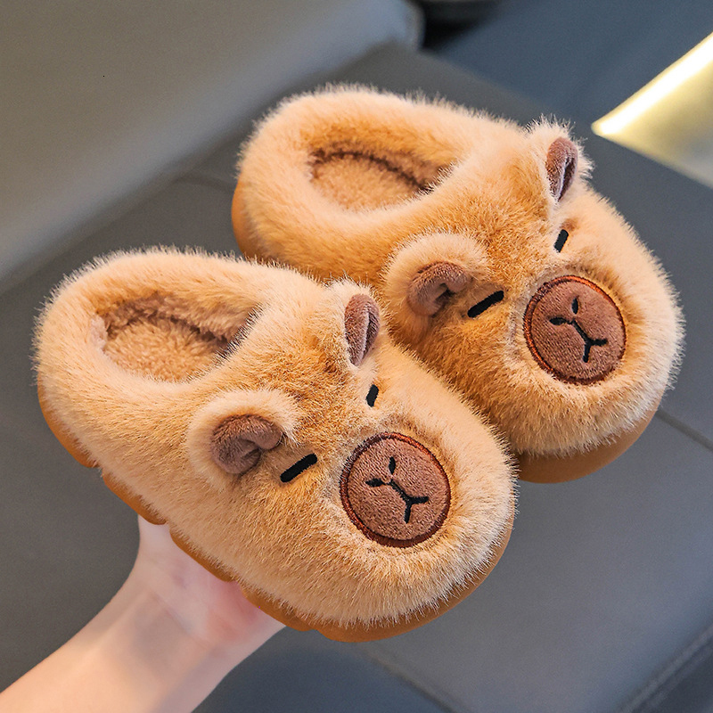 Capybara Cartoon Fluffy Children Indoor Soft Bottom Mother-Child Cotton Slippers Anti Slip Winter Warm Plush Slides 45 J261019