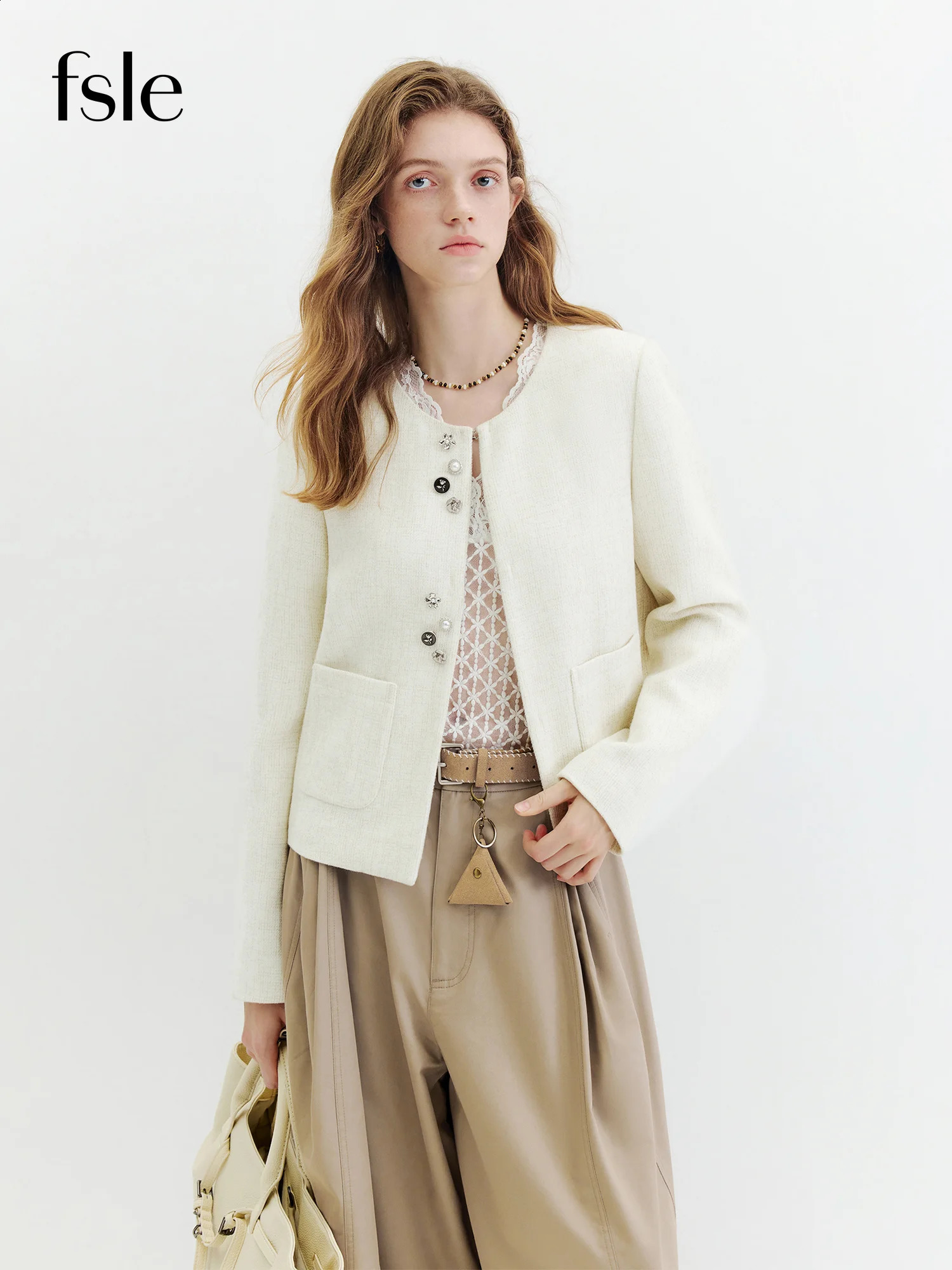 FSLE Women's 2026 Autumn French Style Round Neck Tweed Jacket Short Coat with Unique Irregular Buttons Stylish n Coat 261014