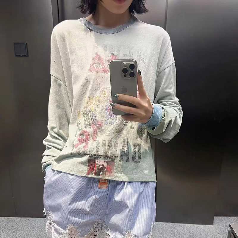 Men Women Vintage Washed Green Damaged Hole T-Shirt Graphics Splash-Ink Graffiti Paly Long Sleeve T Shirt Cotton Oversized Tops T261019