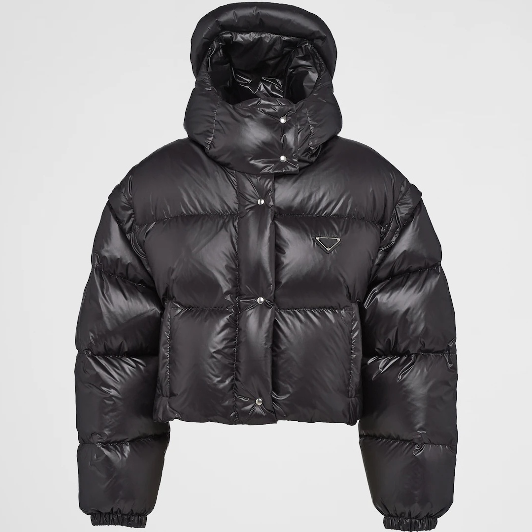 Womens Cropped Puffer Jacket Convertible Vest Detachable Sleeves Duck Down Stand Collar Recycled Nylon Drawstring Hem Winter Outerwear