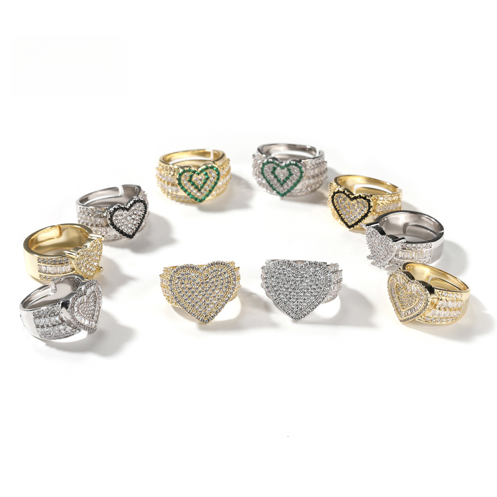Real 18K Luxury Iced Out D VVS Diamond 14K 10K New Heart Ins Gold-Plated moissanite Inlaid High-End Adjustable Hip-Hop Ring Luxury Iced