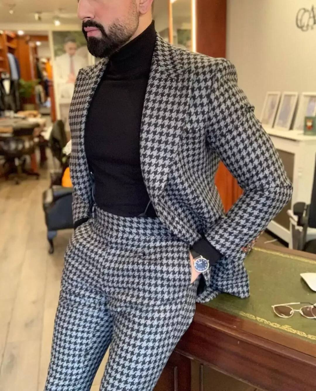 Houndstooth Mens Suits 2PCS Wedding Tuxedos Vintage Fit Formal Man Suit Groom Wear Tweed 3 Piece Jacket Pants Vest
