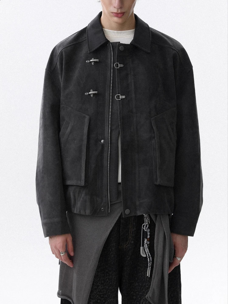 Vintage Suede Leather Jacket Men Spring Autumn Oversized Toggle Button Collar Coat Utility Pocket Short Jacket Outerwear 261014
