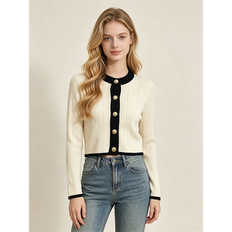 Women Spring Autumn New Thin Cropped Round Neck Knit Cardigan Color Block Vertical Stripe Hollow Openwork Sweater Jacket Casual Ladies Knitted Outer