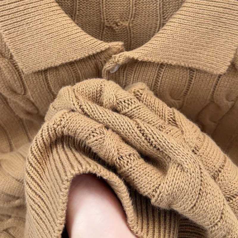 Short Men's Vintage Cable Knit Slve Sweater 100% Cotton Retro Turn-down Collar Casual Pullover M261016
