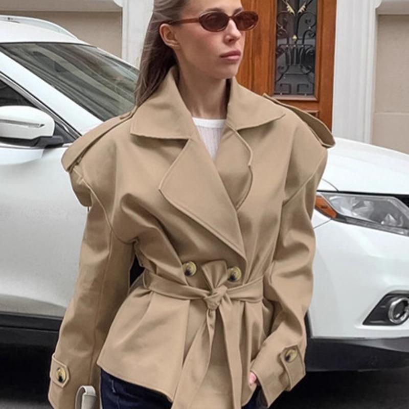 Trench-Coat court kaki pour femmes, à la mode, col à revers, Double boutonnage, ceinture à la taille, épaulette, veste coupe-vent courte