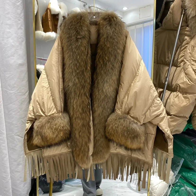 European Fashion Goose down Winter Jacket for Women Raccoon Fur Collar Trendy Streetwear Cloak Coat 2026 261019