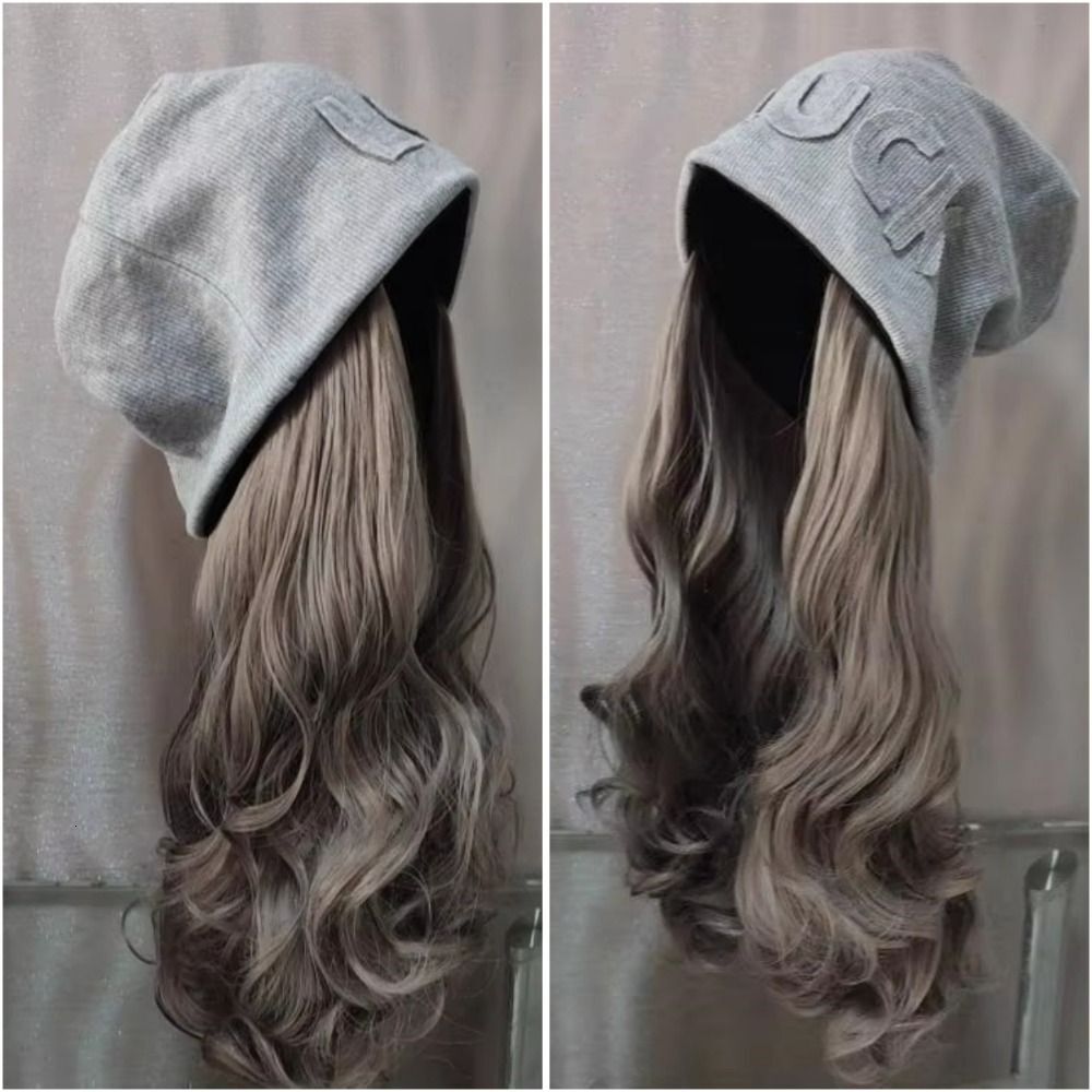 Autumn Long Wavy Beanie Hat With Attached Casual Knitted Cap Warm Hair Wig Winter Hats Women J260511