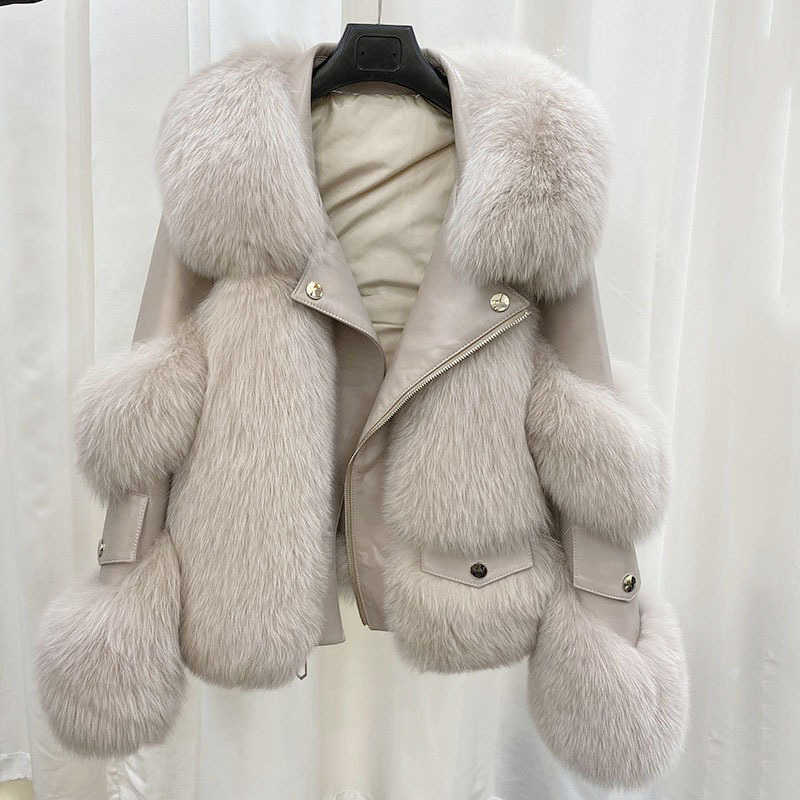 Fur Women Spliced Coats Leather Zipper Turn Down Collar Jackets Strtwear Thick Warm Solid Coat Strt S261016Q6GU