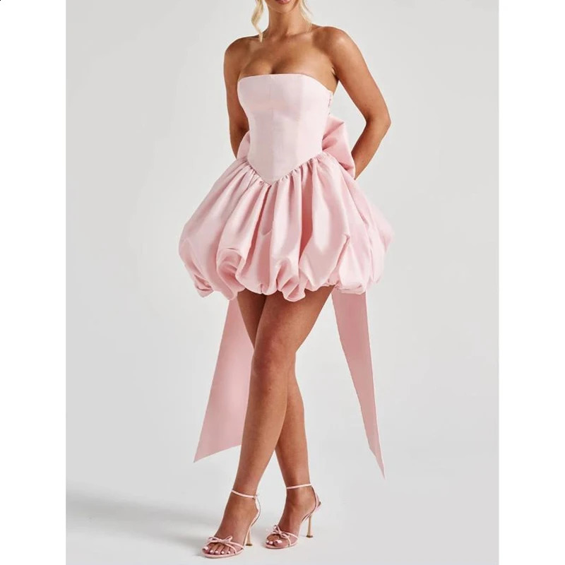 Combhasaki Women's Y2k Strapless Tube Mini Dress Off Shoulder Bandage Bow Decor Backless Bodycon Party Club Bandeau Bubble Dress 261014
