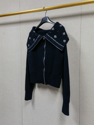 Autumn And Winter Women's Water Diamond Large Collar Zipper Sweater Wool Knitted Cardigan Mdng261019