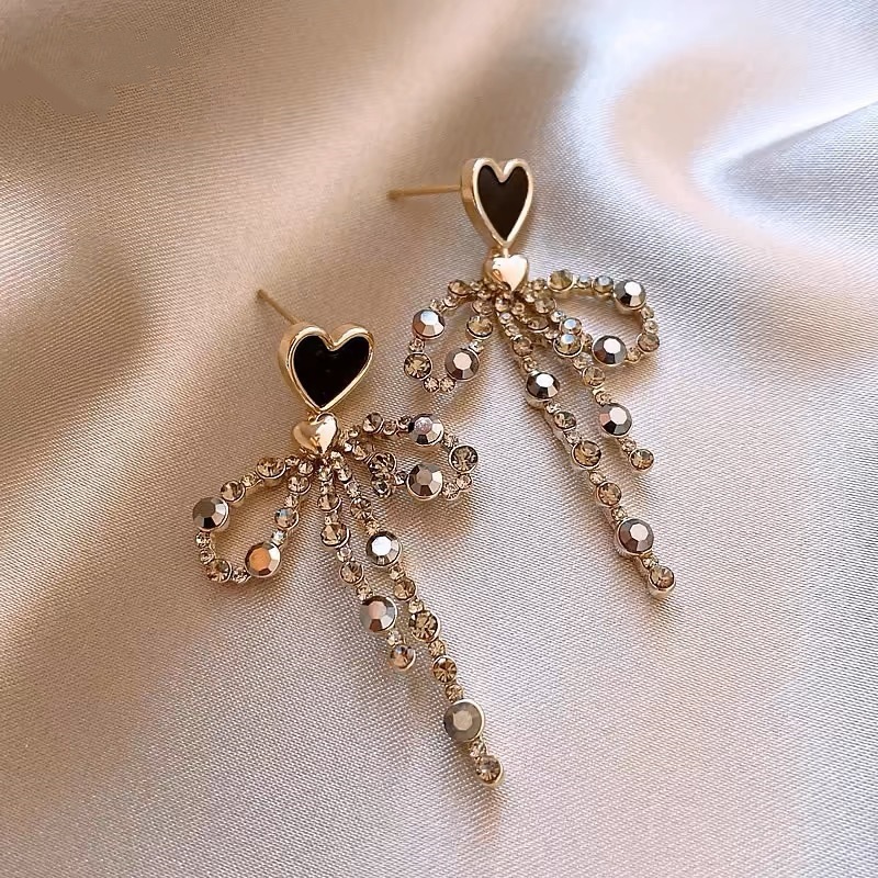Luxury Brand Designer Jewelry Sweet-Style Earrings, Featuring Red Black Heart Bow Designs, Long Tassels, European American Aesthetic, Perfect For Ev