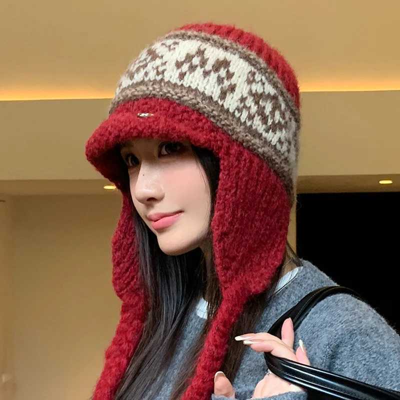 Beanie/Skull Caps Fair Isle Style Retro Knit Beanie FleeceLined Thick Warm Winter Earflap Hat Versatile Large Head Size Trapper Hat Q261017