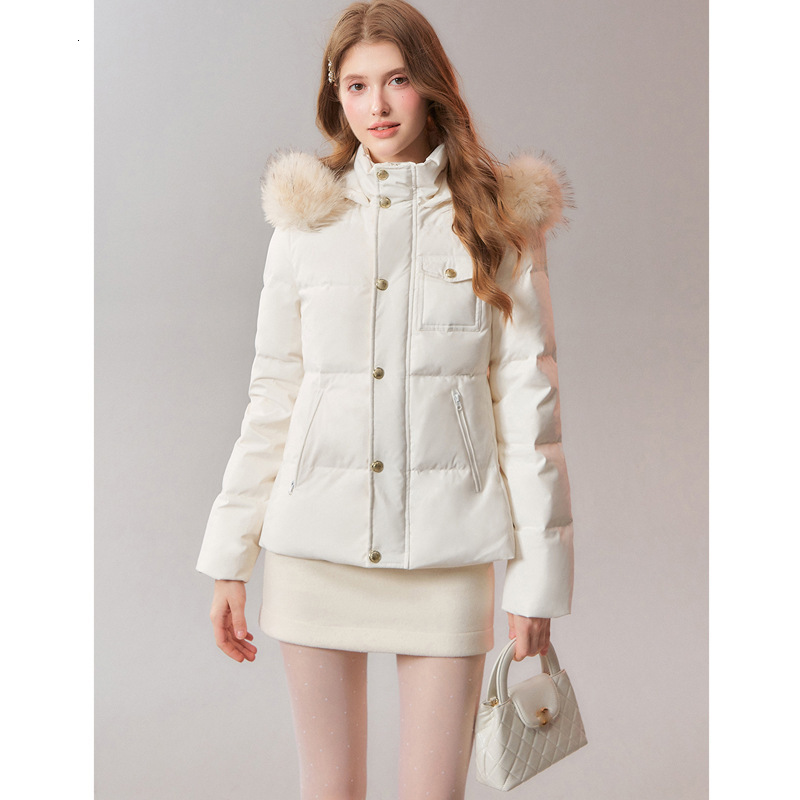 White Duck Down Jacket Women New Winter Waist Cinching Slim Thick Hooded Coat Detachable Faux Fur Collar Windproof Puffer Outerwear Daily Street Wea