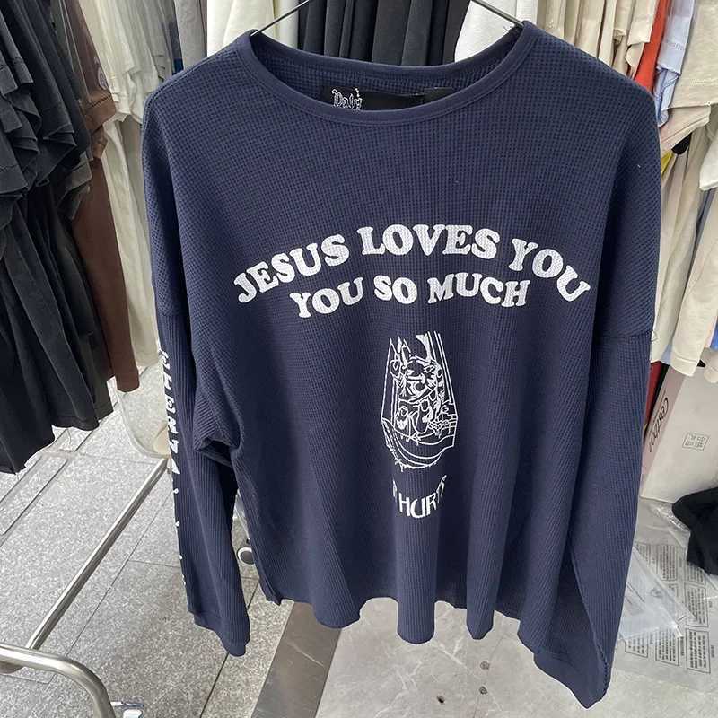 Good Quality New Waffle Long Sleeve PALY T Shirt Men Woman High Street Dark Blue Loose Crewneck Washed Do Old Top Tee T261019