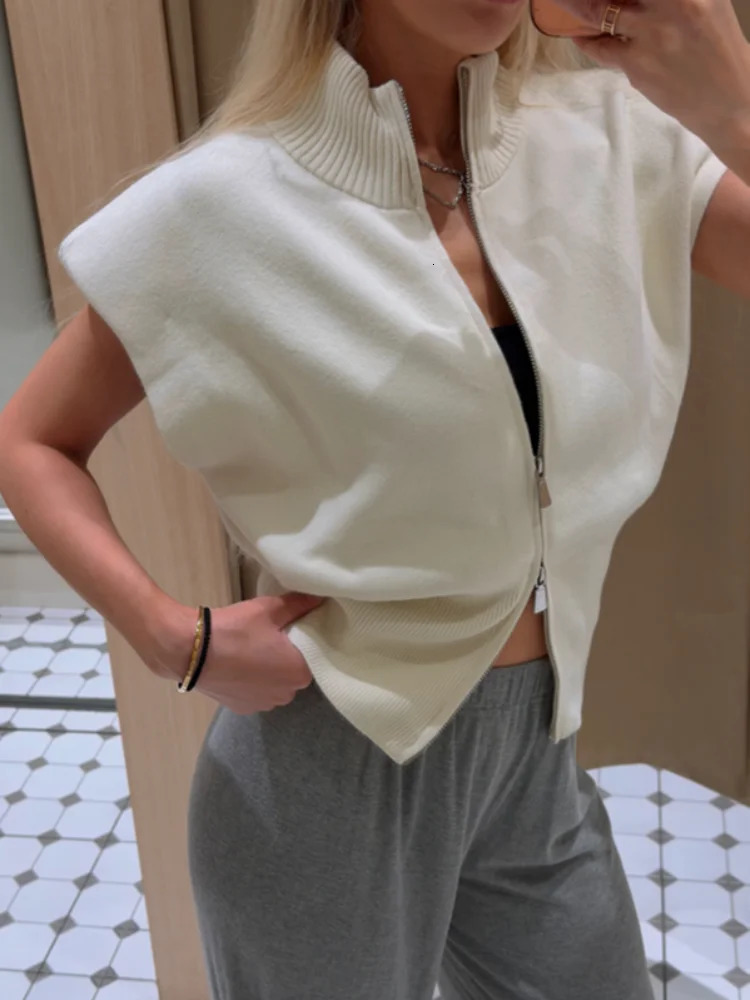 Womens Double Zipper Knit Vest Stand Collar Shoulder Pad Sleeveless Slim Cropped Sweater 2026 Autumn Allmatch Casual Outfits 261019