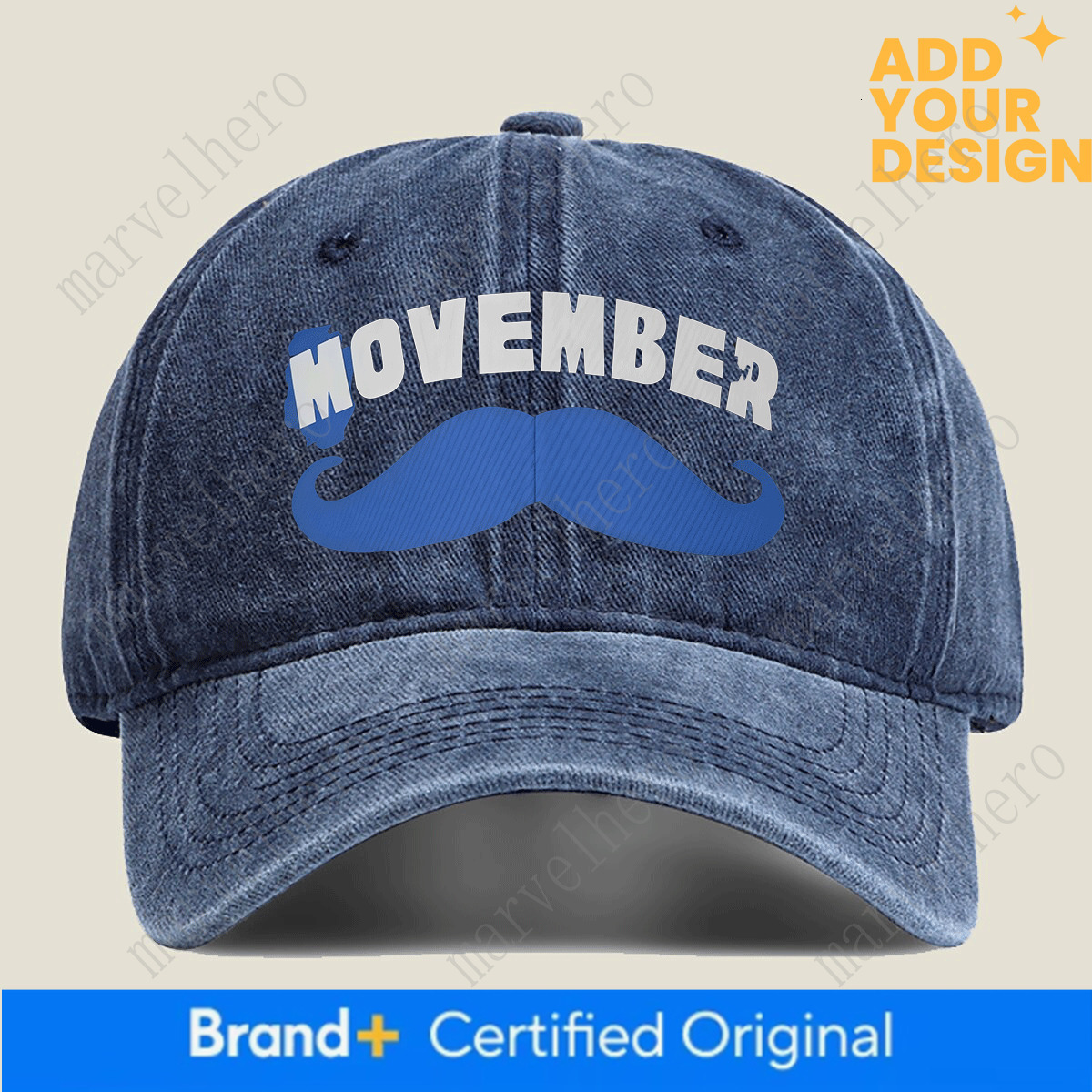 Movember Mustache Print Unisex Baseball Cap Cotton Washed Denim Casual Sun Protection Headwear