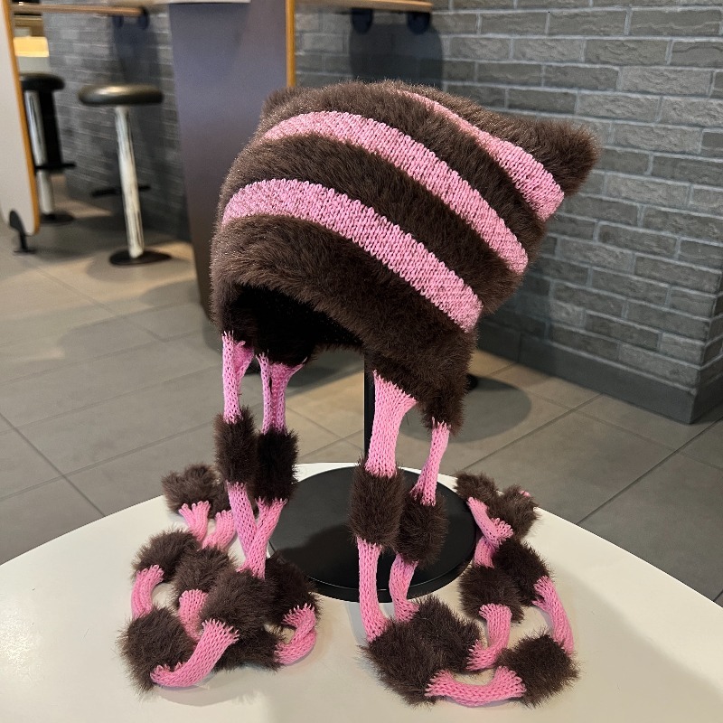 Cute Plush Striped Trapper Hat Women Winter Thick Warm Sweet Versatile Earflap Knit Beanie Outdoor Wrap Head Bomber Cap J260511