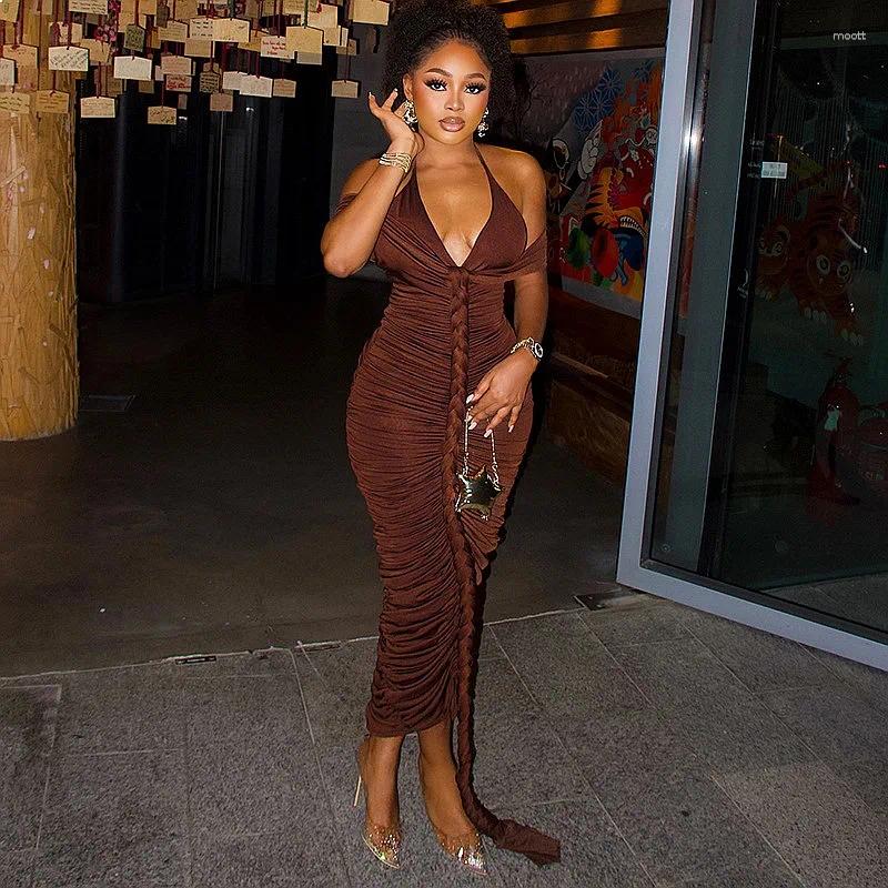Women's Solid Color Bodycon Wrap V Neck Halter Long Dress Jumpsuit Playsuit