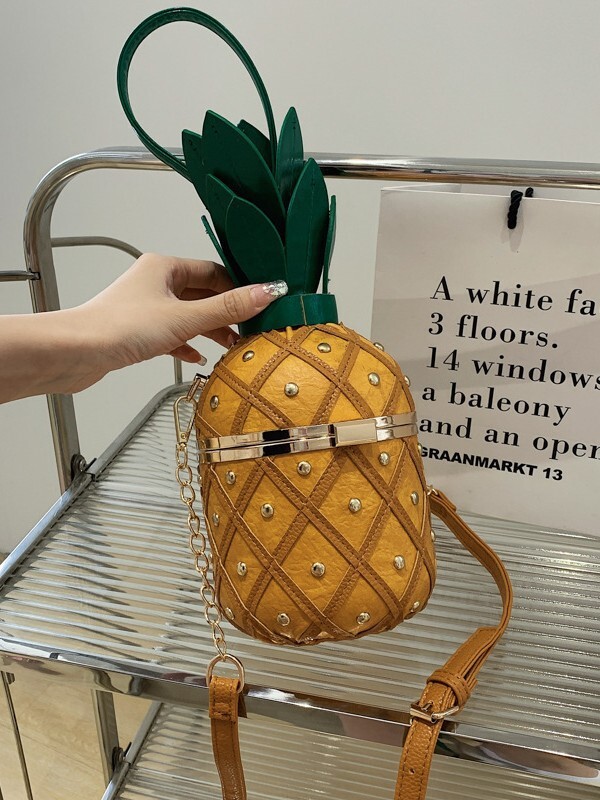 New Personalized Pineapple-Shaped Bag, Fresh Artistic Style For Young Girls, Ins-Style Shoulder Crossbody With Rivets And Chain, Cylindrical Bag Kl9
