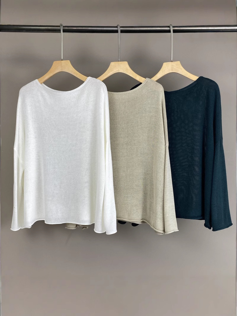 Spring Summer New LP Loose Lazy Solid Color Linen Cotton Knitted Sweater Women Long Sleeve Sun Protection Coverup
