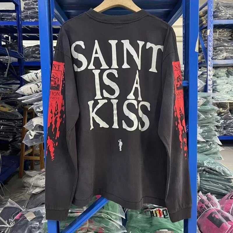 Men Women Fashion Arrival Saint Oversize Print Long Sleeve T-shirt Black Loose O-Neck Cotton Tees T261019