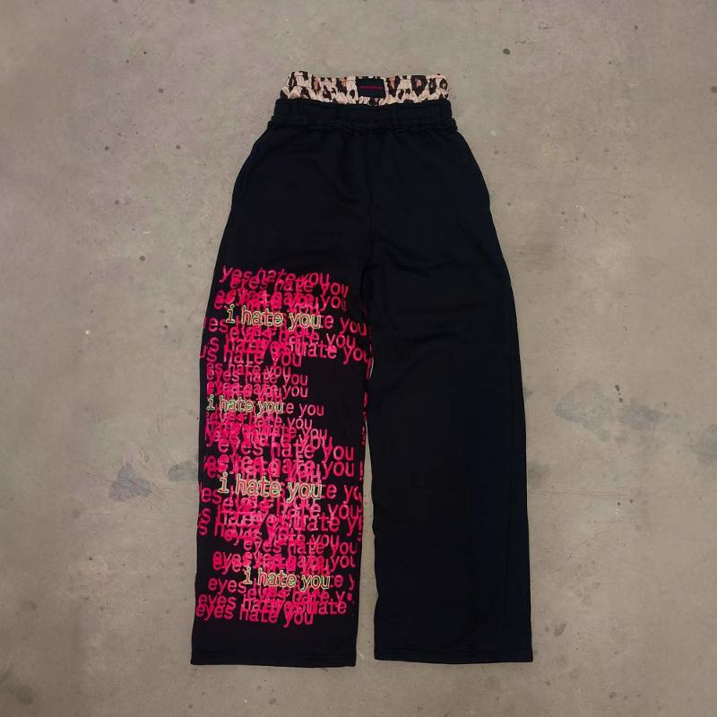 Men Vintage Double Waist Streetwear Pants Y2K Letter Print Loose Hip Hop Gothic Harajuku Straight Casual Trousers S-XXL