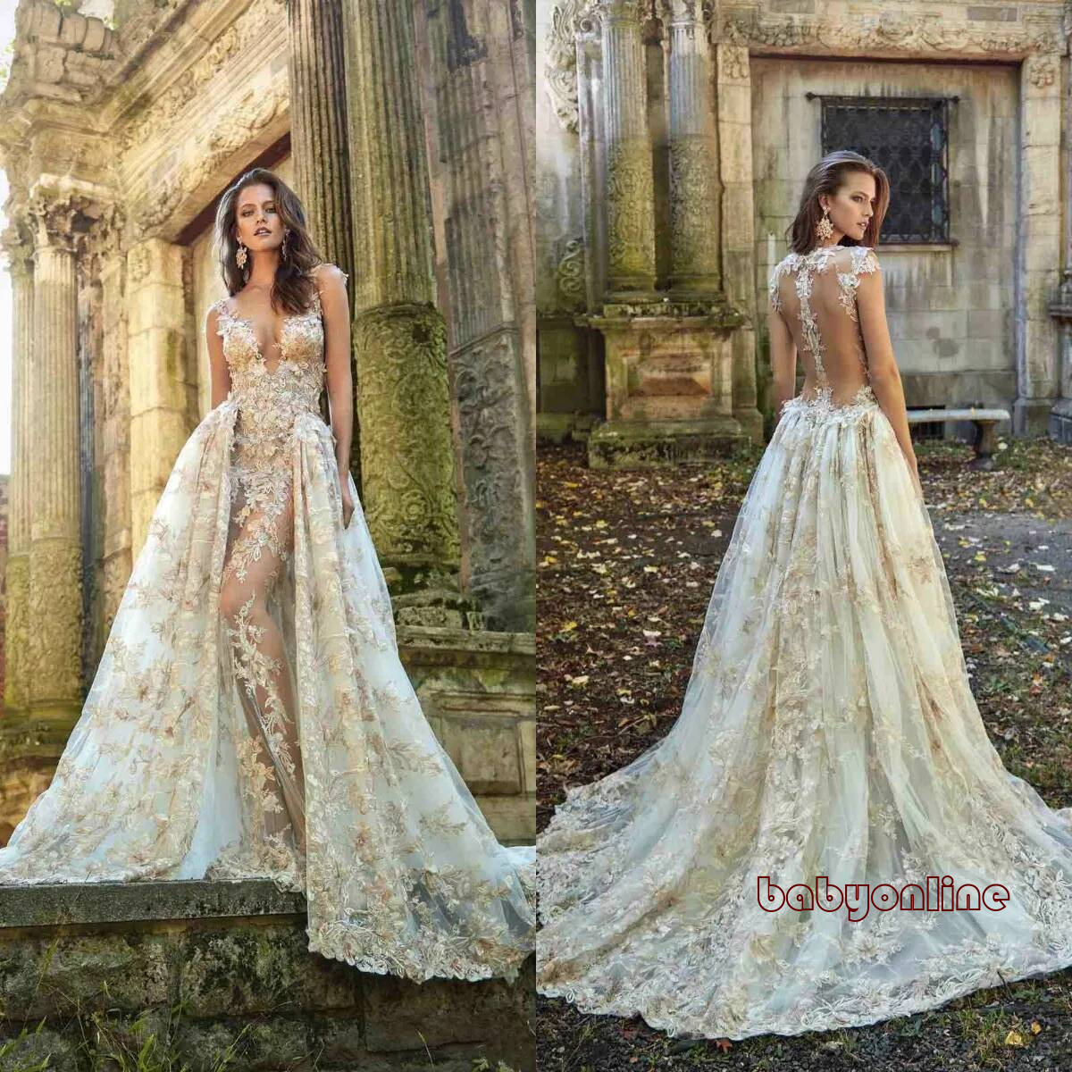 wedding dresses with detachable skirt train newest sexy see through backless deep v neck lace appliques bridal gowns vestidos de novia