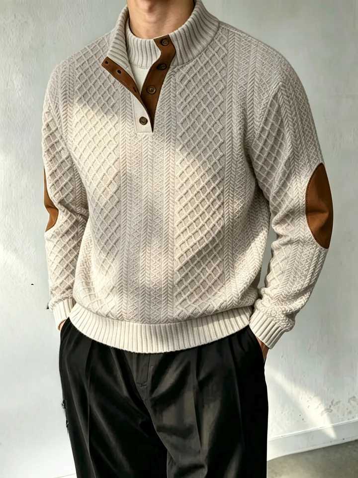 Men's Knit Pullover Stand Vintage Collar Button Sweater Elbow Patch Long Slve Warm Casual Jumper M261016