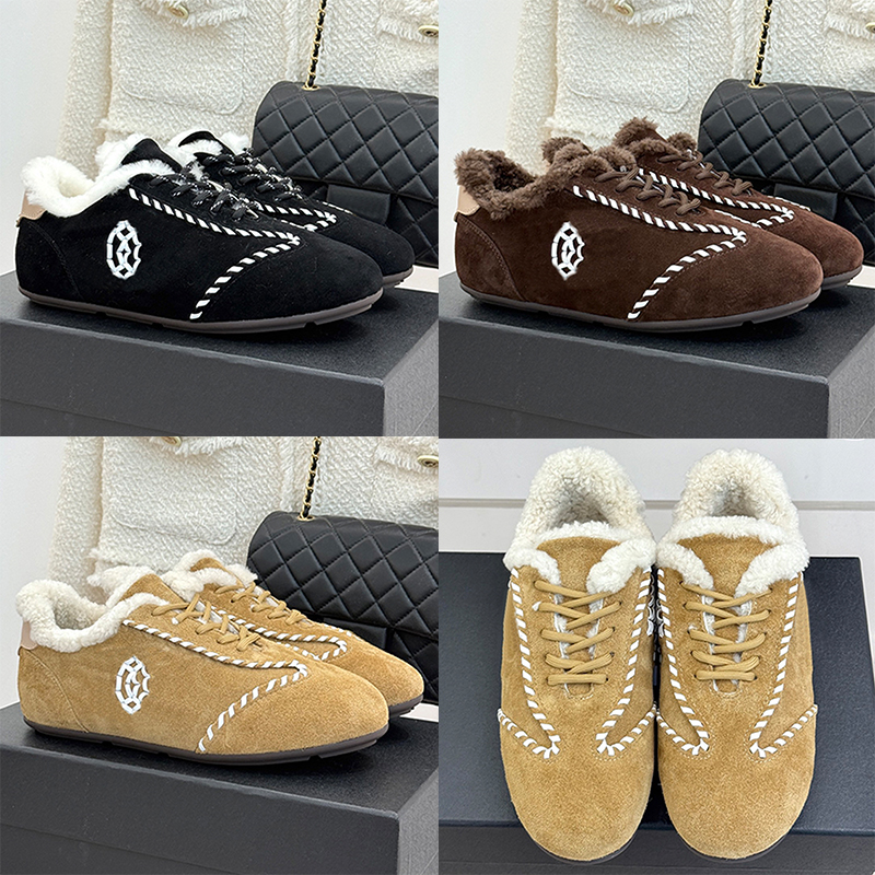 Womens CC Shearling Lining Sneakers Elegant Suede Calfskin Lace Up Designer CC Sport Shoes Fall Winter 2026 Round Toe Low Top Casual Shoes Gum Rubbe